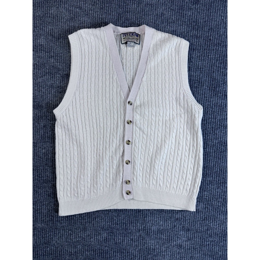 Vintage Ivy Crew White Cable-Knit Ramie Cotton Sweater Vest Button V-Neck Size L